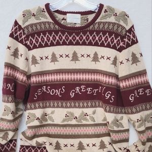Pretty Christmas Sweater Tan Burgundy SEASONS GREETINGS Vintage 90s